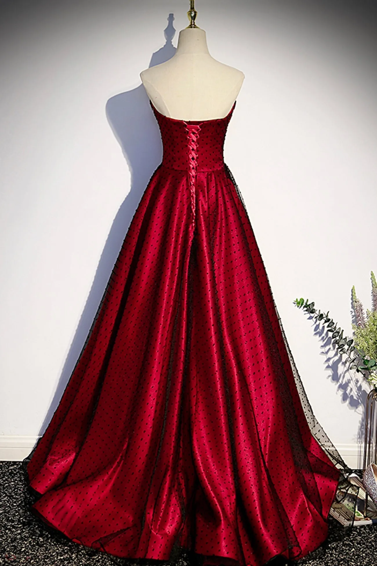 Burgundy Satin Tulle Long Prom Dress A-Line Sweetheart Neck Evening Dress