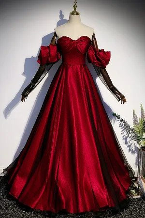 Burgundy Satin Tulle Long Prom Dress A-Line Sweetheart Neck Evening Dress