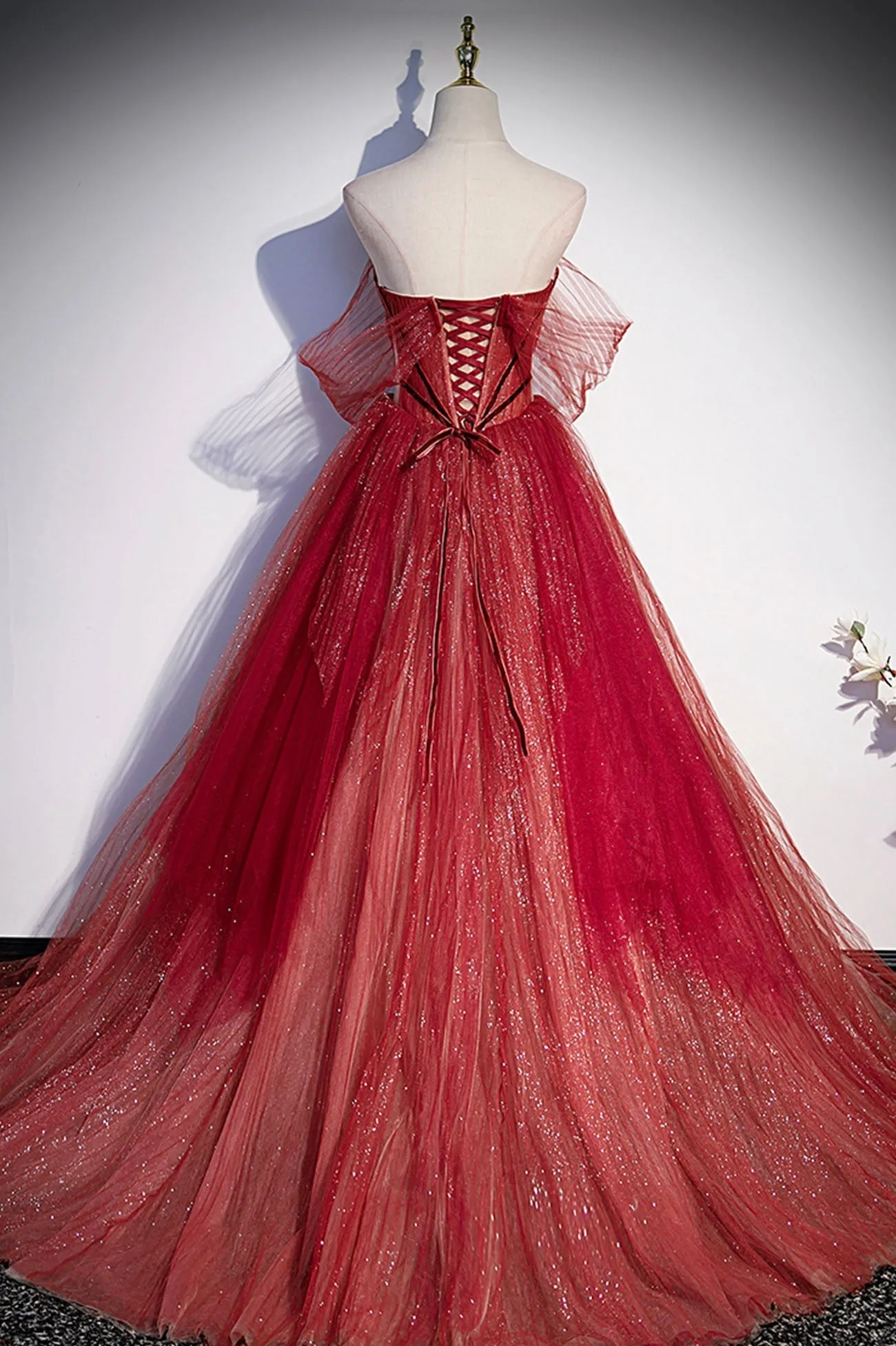 Burgundy Sweetheart Neckline Tulle Long Prom Dress A-Line Evening Dress
