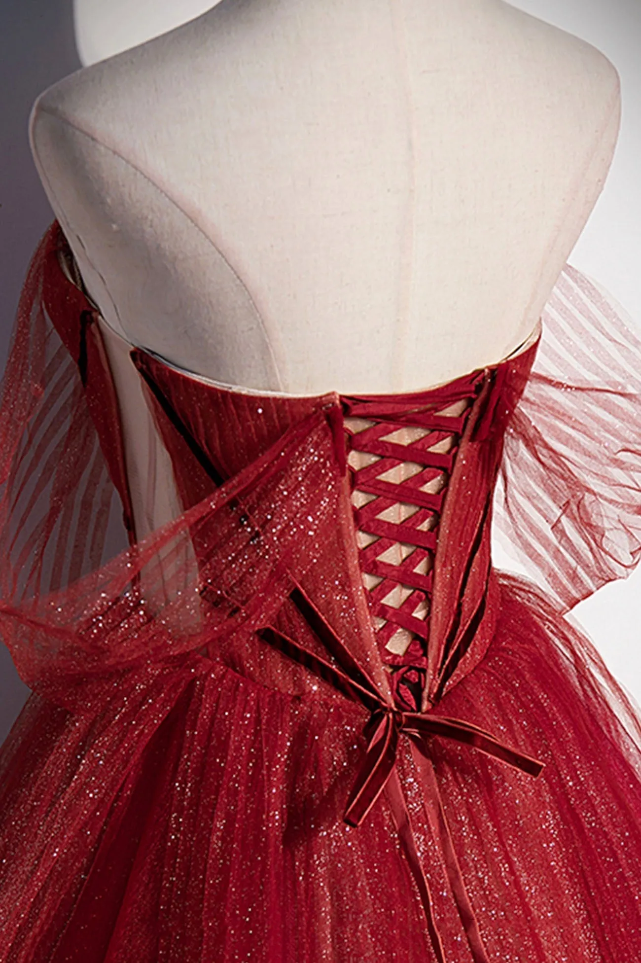 Burgundy Sweetheart Neckline Tulle Long Prom Dress A-Line Evening Dress