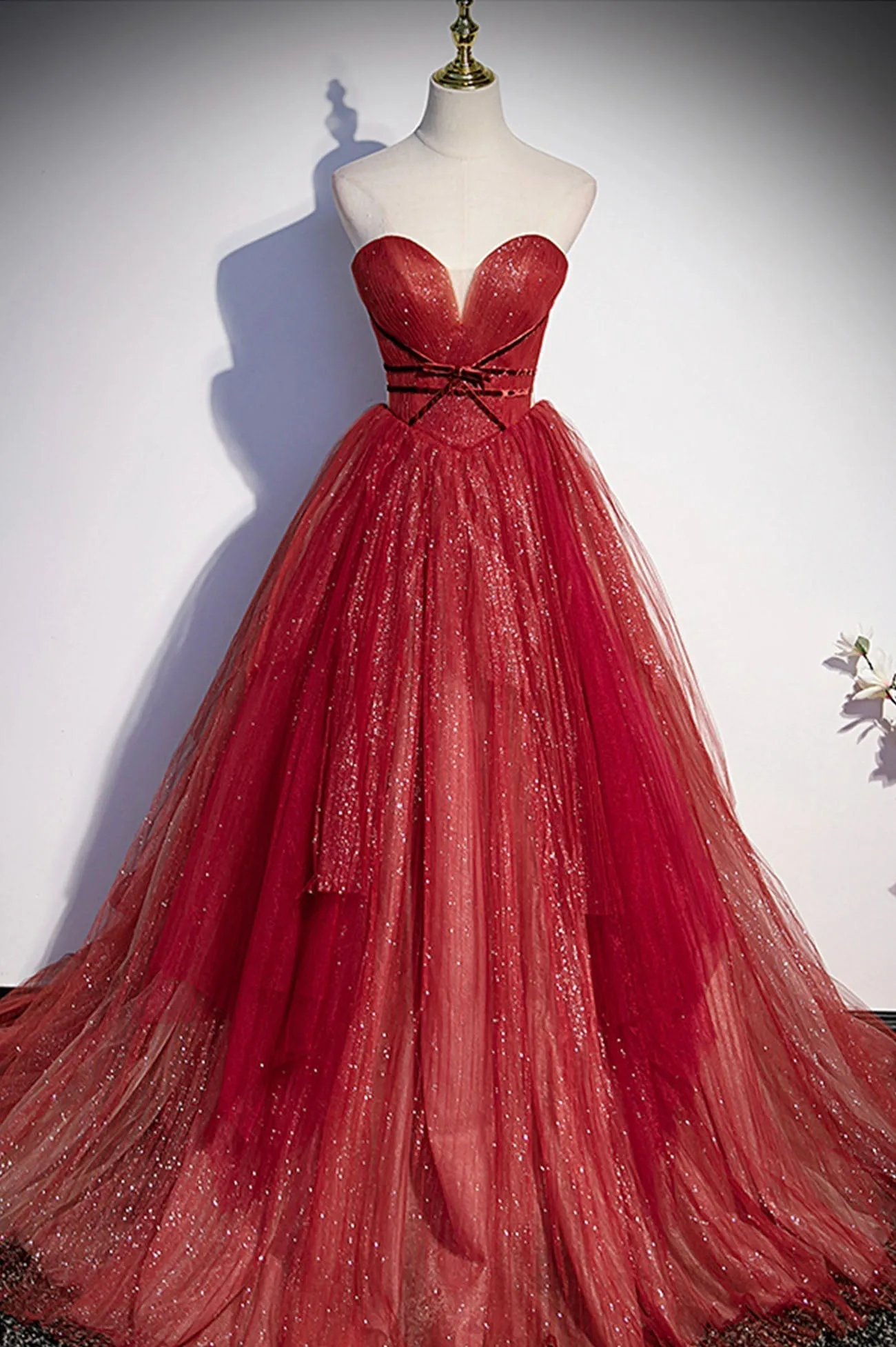 Burgundy Sweetheart Neckline Tulle Long Prom Dress A-Line Evening Dress