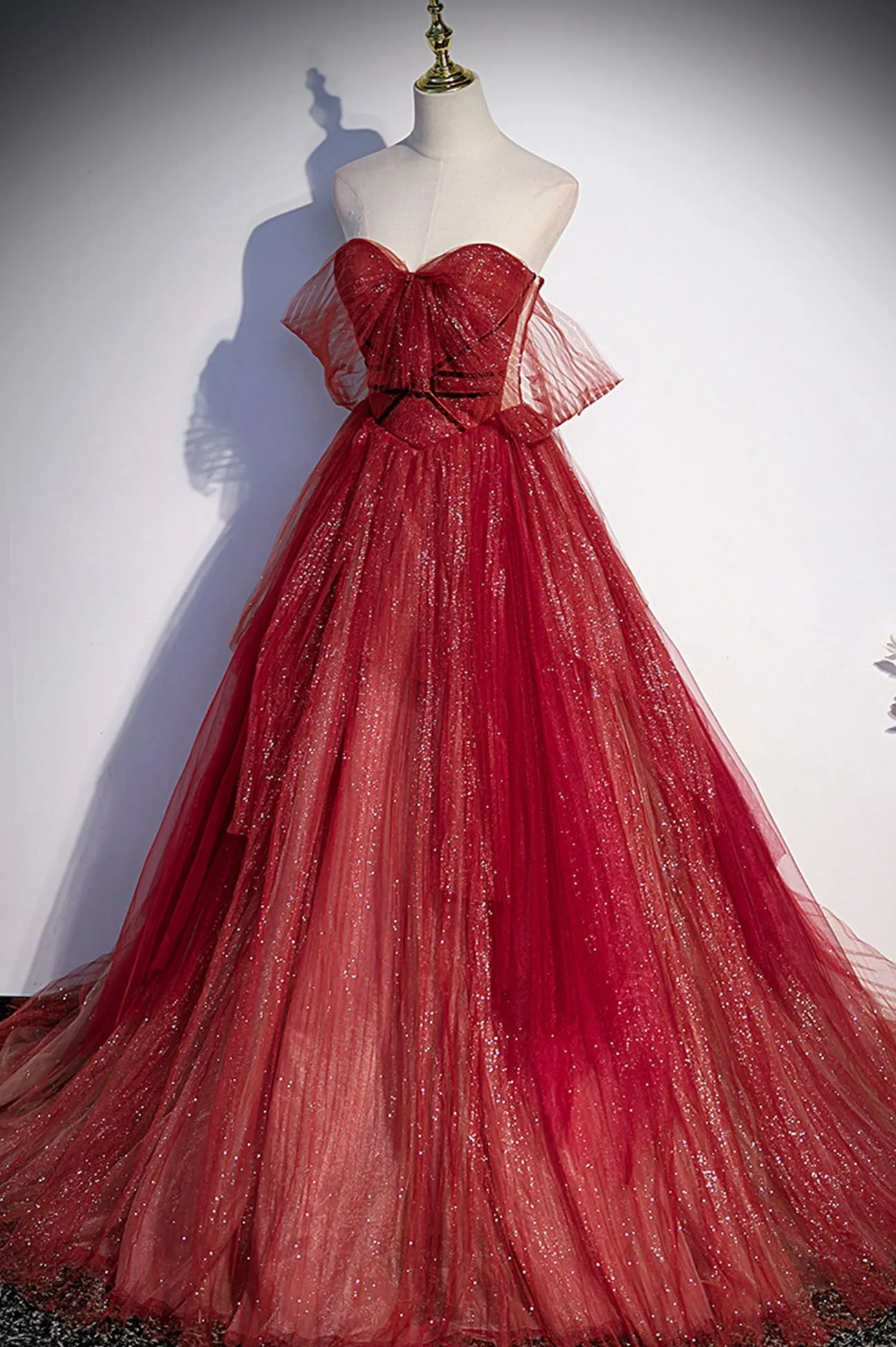 Burgundy Sweetheart Neckline Tulle Long Prom Dress A-Line Evening Dress
