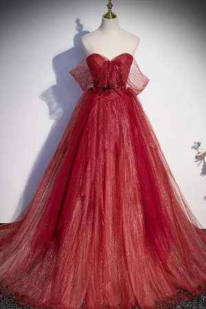 Burgundy Sweetheart Neckline Tulle Long Prom Dress A-Line Evening Dress