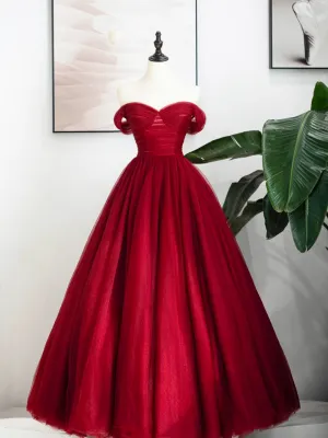 Burgundy Tulle Long Formal Dress Off Shoulder Evening Dress Party Dress
