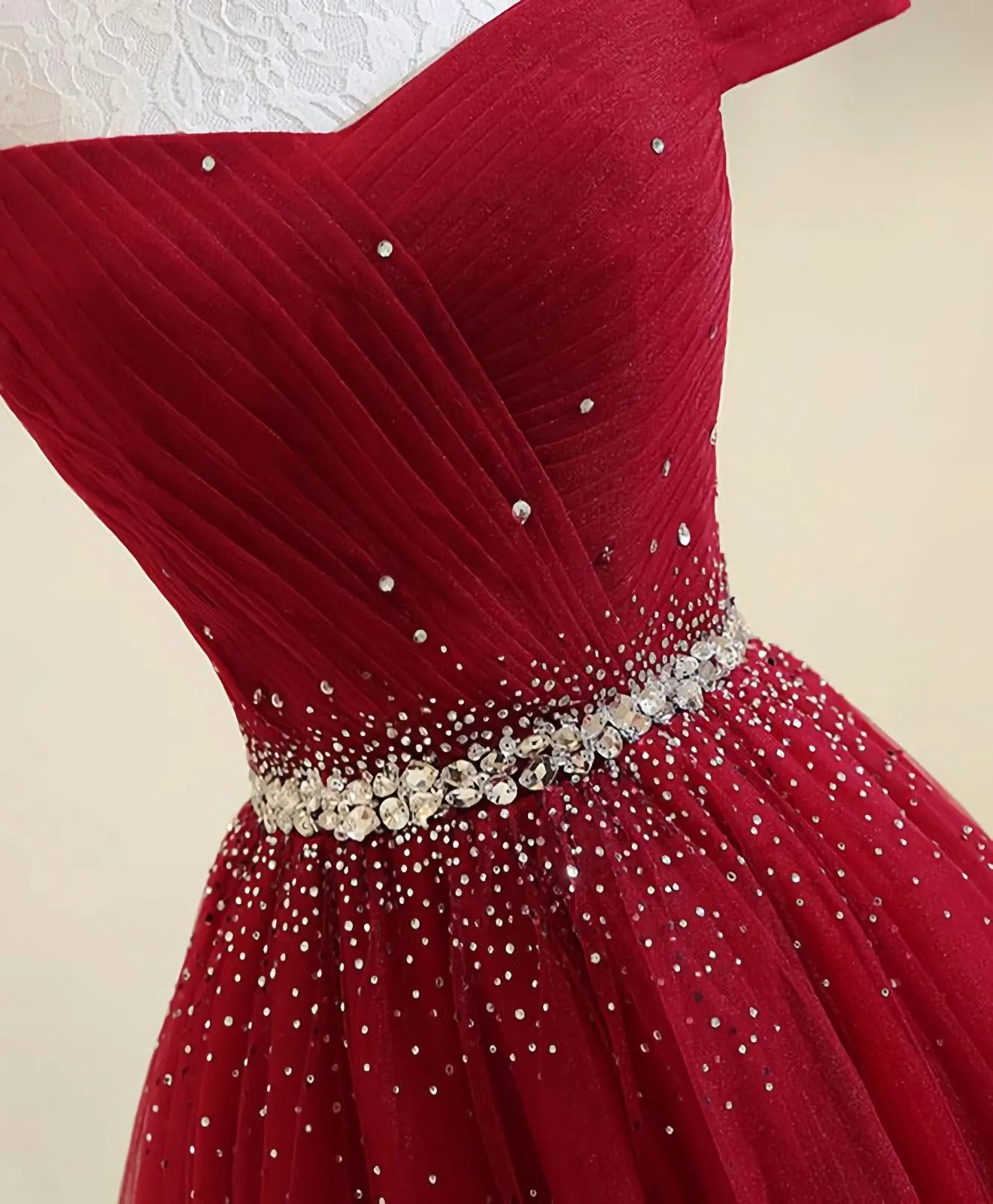 Burgundy Tulle Off Shoulder Long Prom Dress, Burgundy Evening Dress