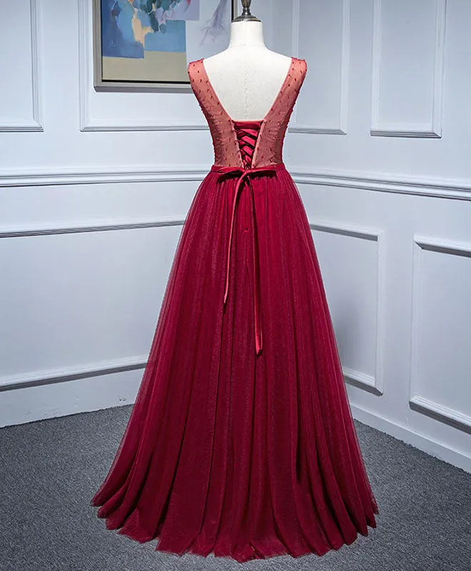 Burgundy V Neck Tulle Lace Long Prom Dress, Burgundy Evening Dress