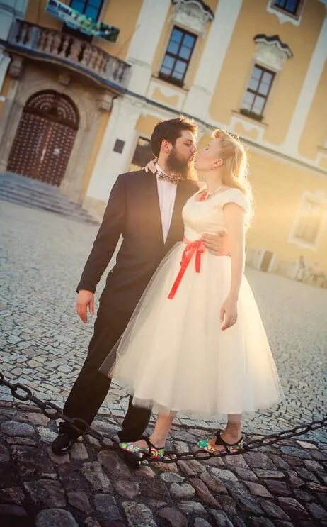 Cap Sleeved Short Country Style Wedding Dress, 50s Style Tea Length Wedding Dress,20110947