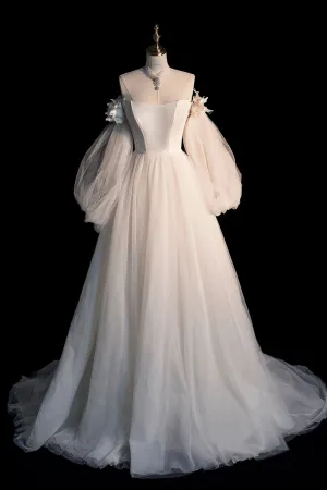 Champagne Tulle Long Sleeve Prom Dress Off the Shoulder Evening Dress