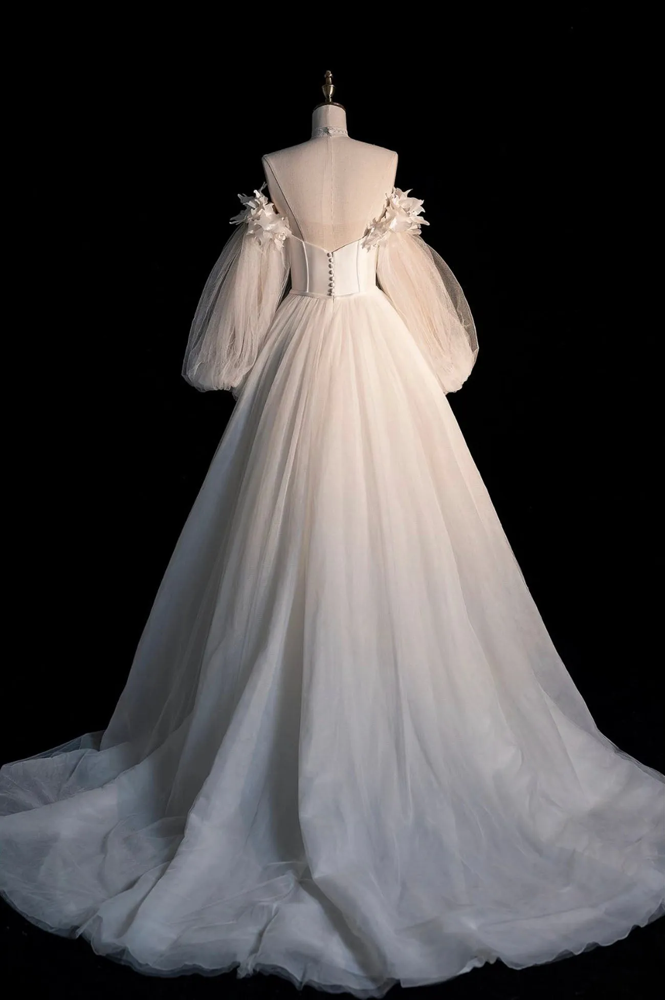 Champagne Tulle Long Sleeve Prom Dress Off the Shoulder Evening Dress