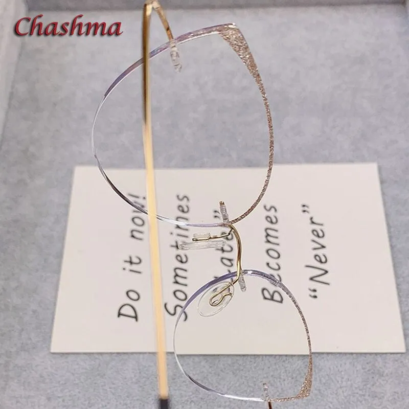 Chashma Ochki Women's Rimless Irregular Round Cat Eye Titanium Eyeglasses 16016c
