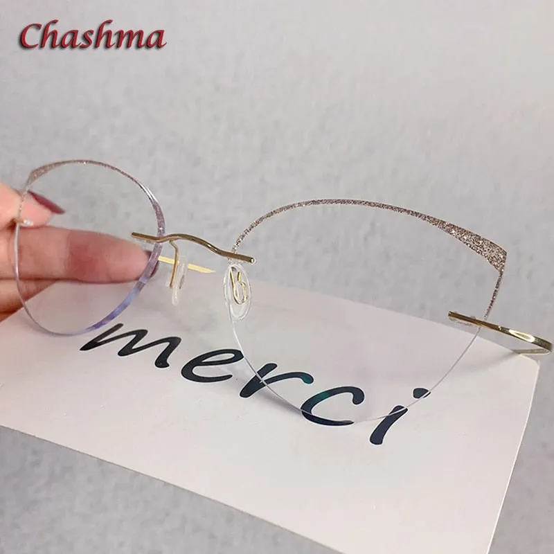 Chashma Ochki Women's Rimless Irregular Round Cat Eye Titanium Eyeglasses 16016c