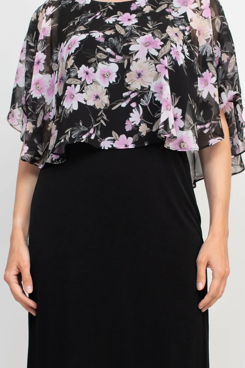 Connected Apparel Boat Neck Floral Print Chiffon Overlay Stretch Crepe Dress