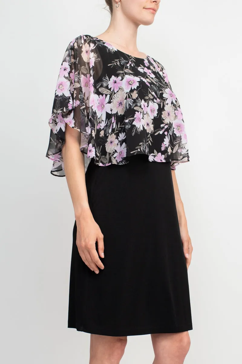 Connected Apparel Boat Neck Floral Print Chiffon Overlay Stretch Crepe Dress