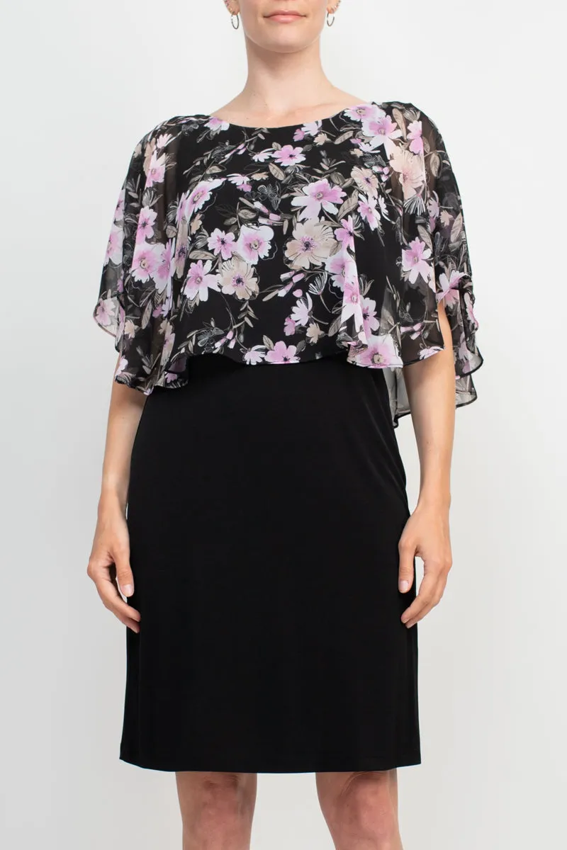 Connected Apparel Boat Neck Floral Print Chiffon Overlay Stretch Crepe Dress