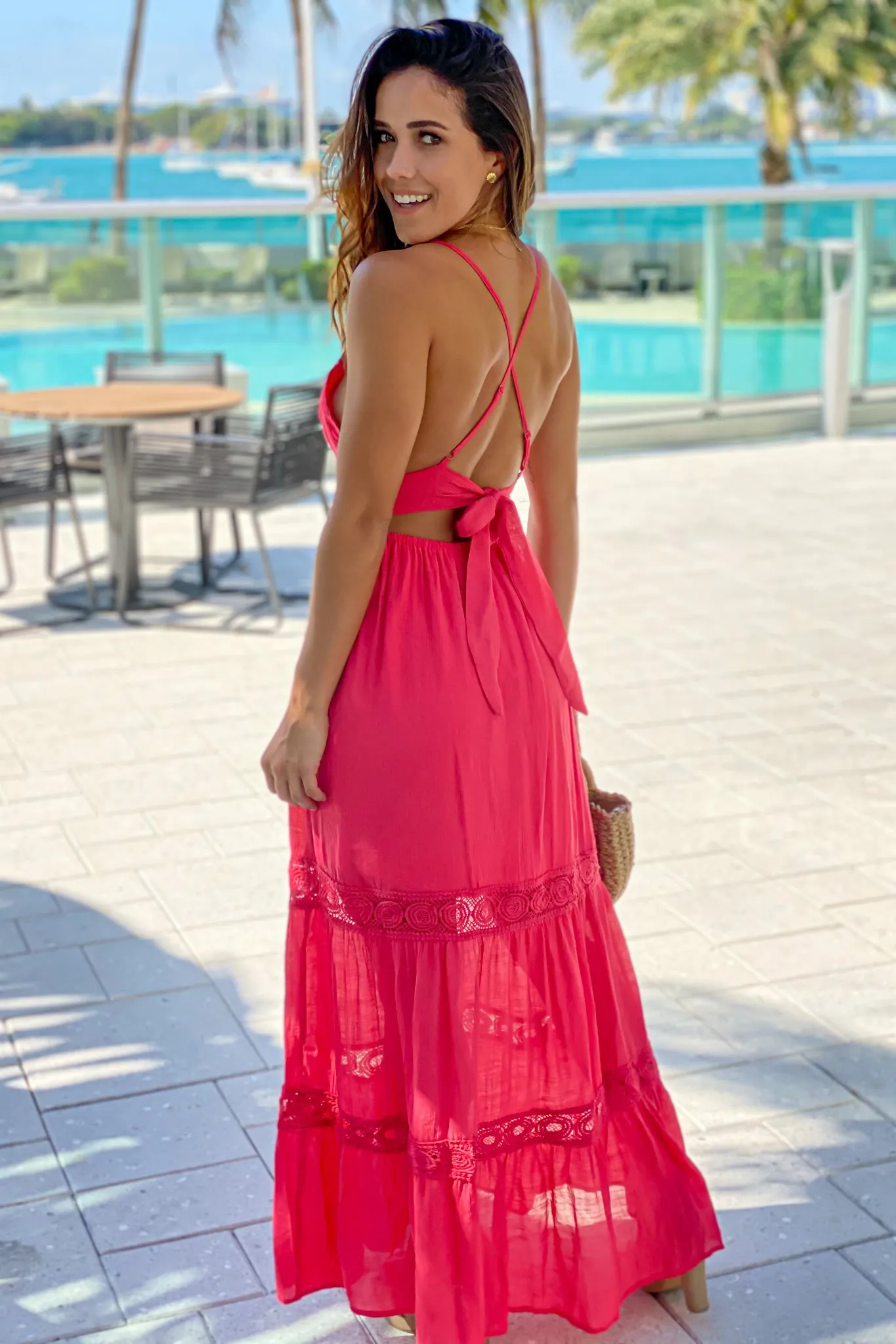 Coral Crochet Top Maxi Dress