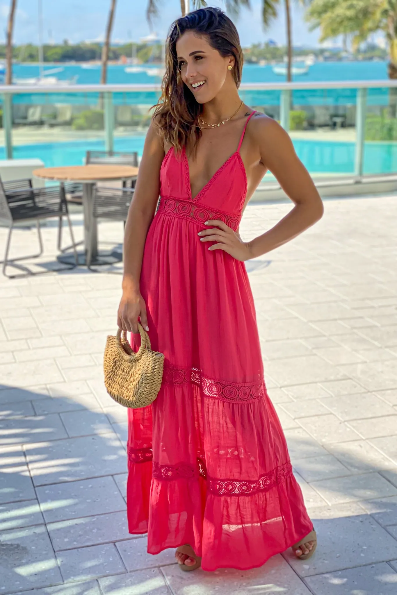 Coral Crochet Top Maxi Dress