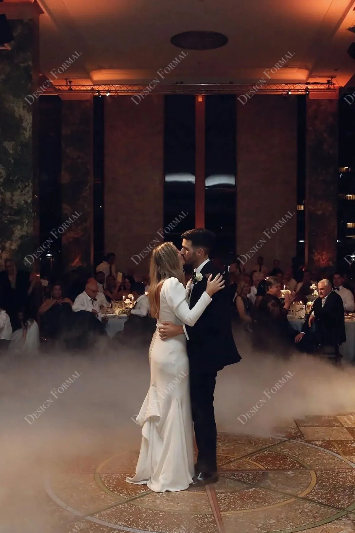 Crepe Square Neck Puffy Sleeve Hand-Made Wedding Dress