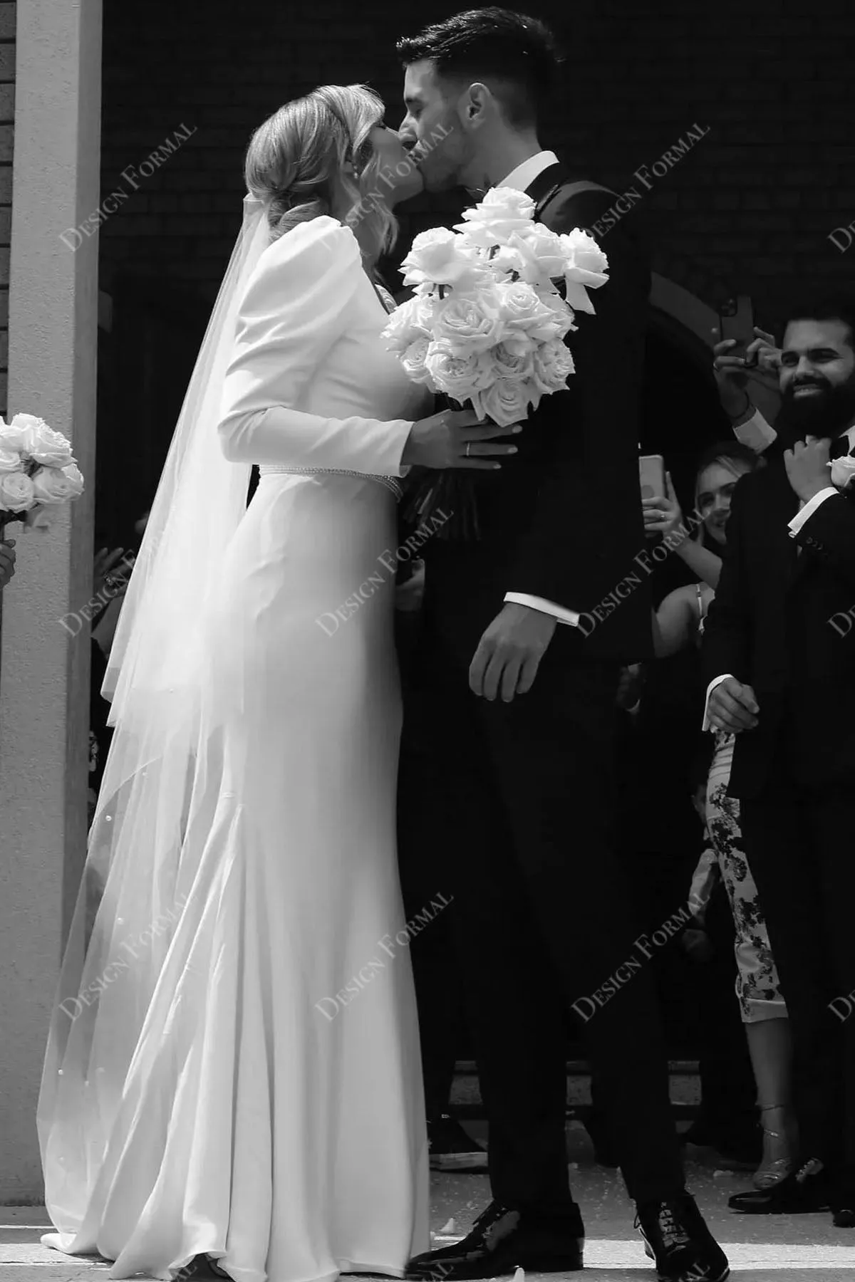 Crepe Square Neck Puffy Sleeve Hand-Made Wedding Dress