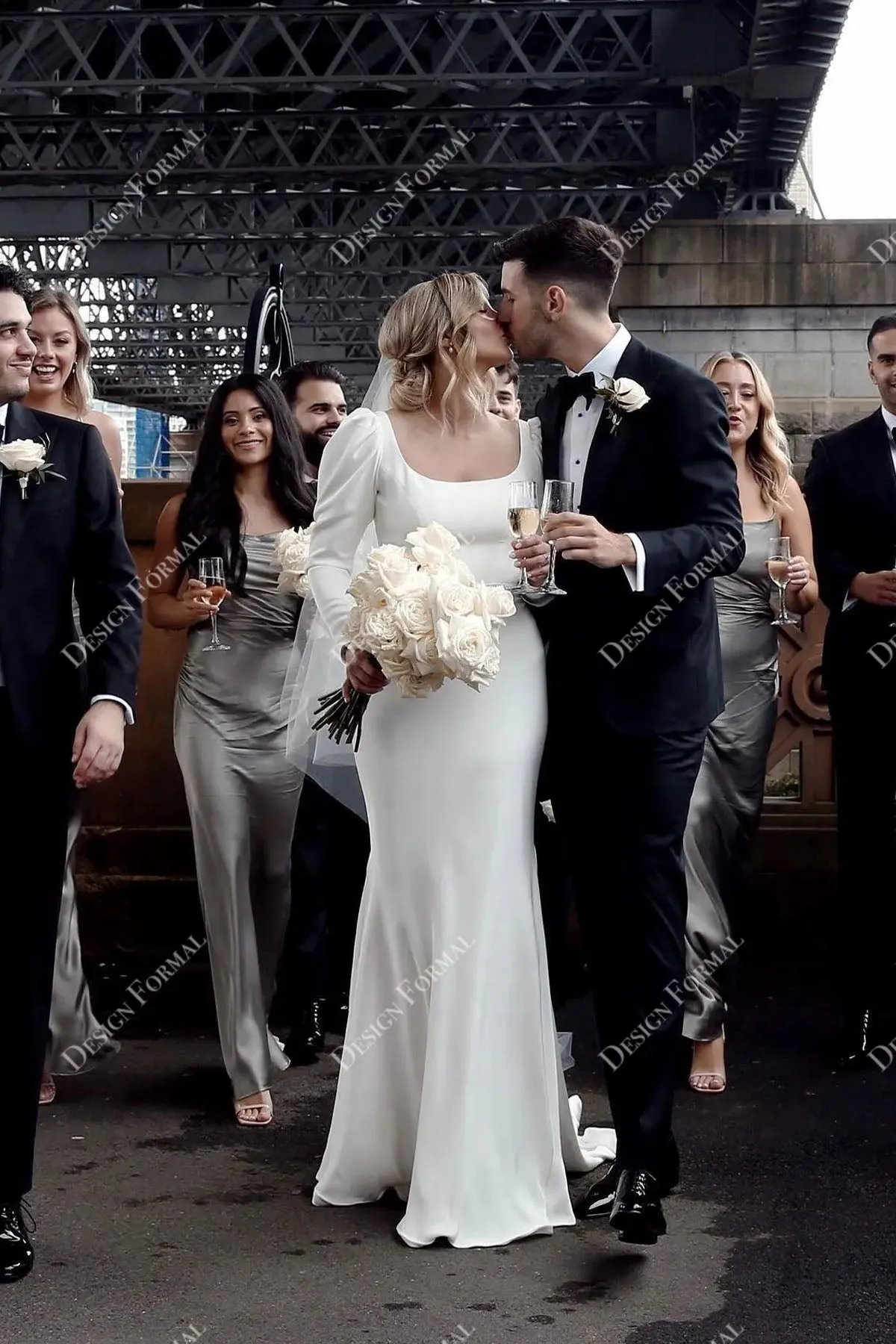 Crepe Square Neck Puffy Sleeve Hand-Made Wedding Dress