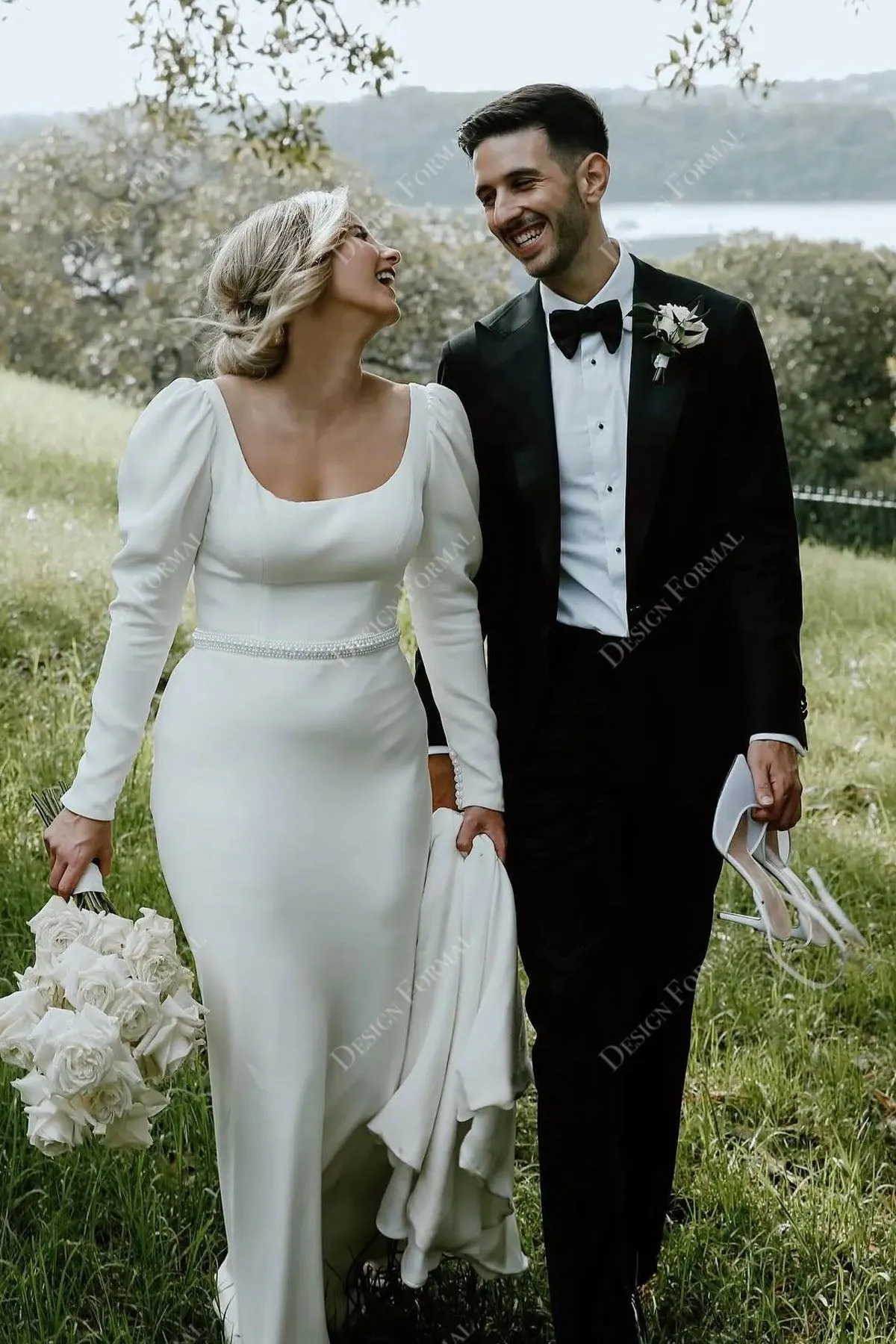 Crepe Square Neck Puffy Sleeve Hand-Made Wedding Dress