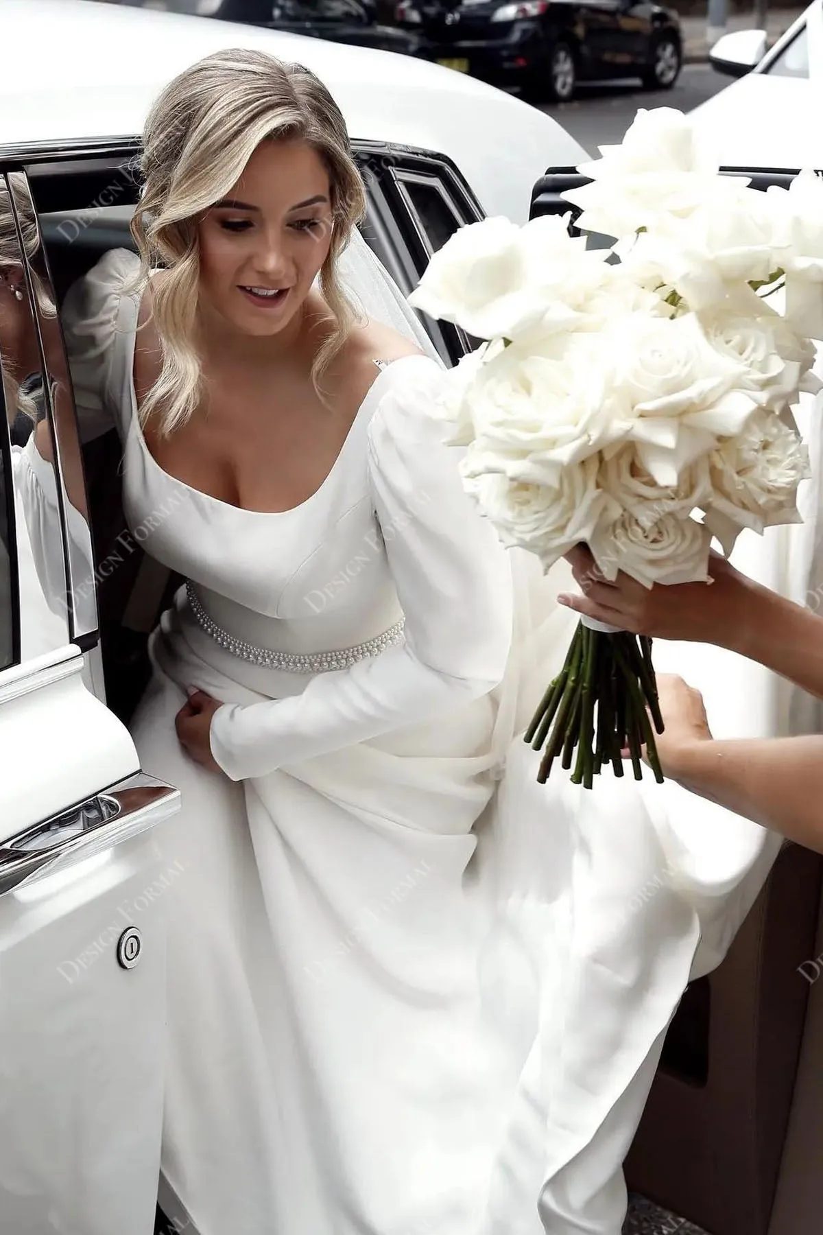 Crepe Square Neck Puffy Sleeve Hand-Made Wedding Dress