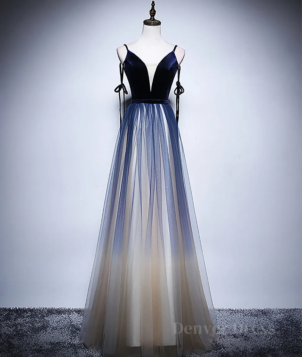 Dark blue tulle long prom dress blue evening dress