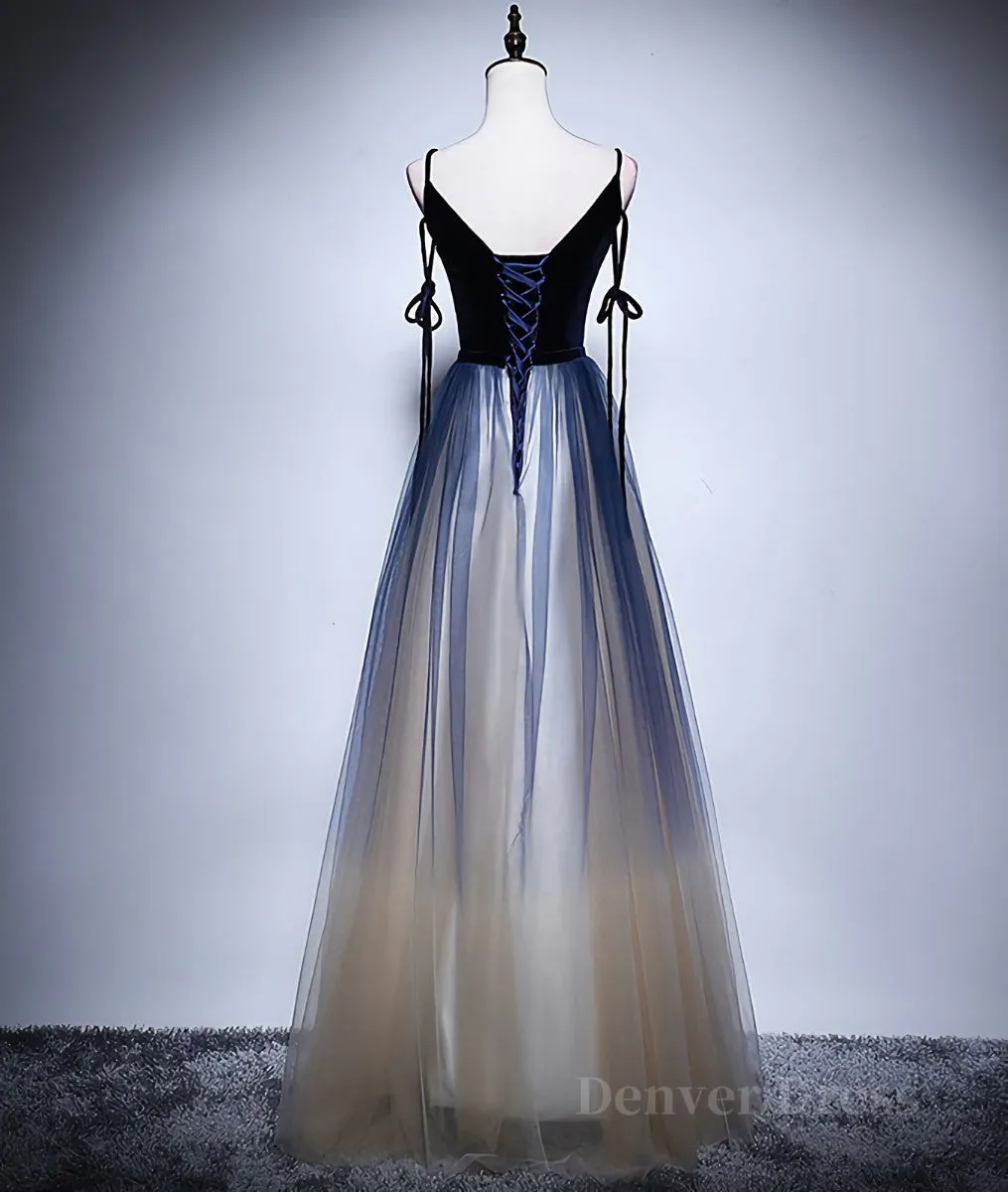 Dark blue tulle long prom dress blue evening dress