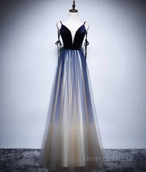 Dark blue tulle long prom dress blue evening dress