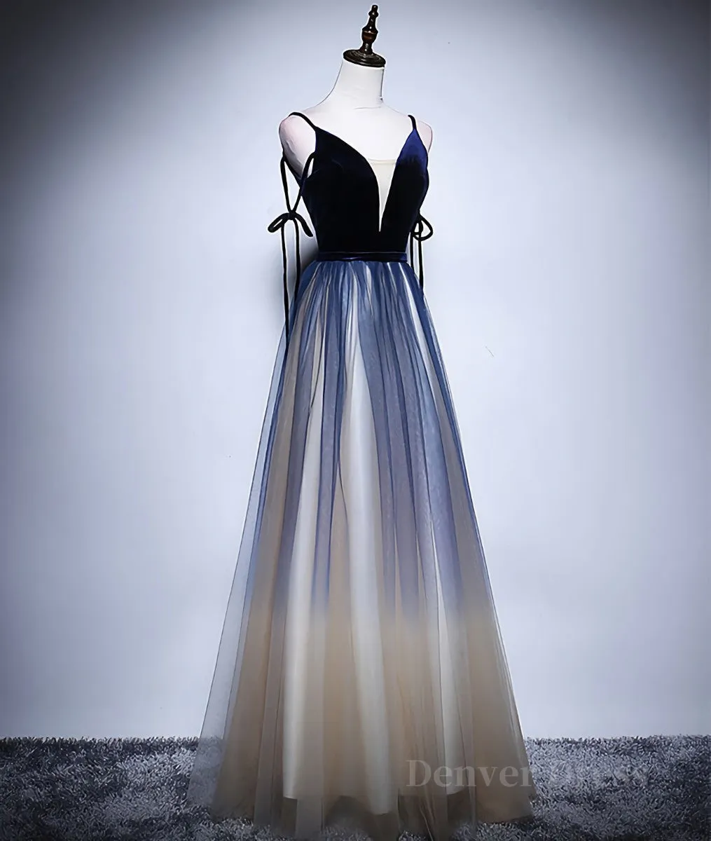 Dark blue tulle long prom dress blue evening dress