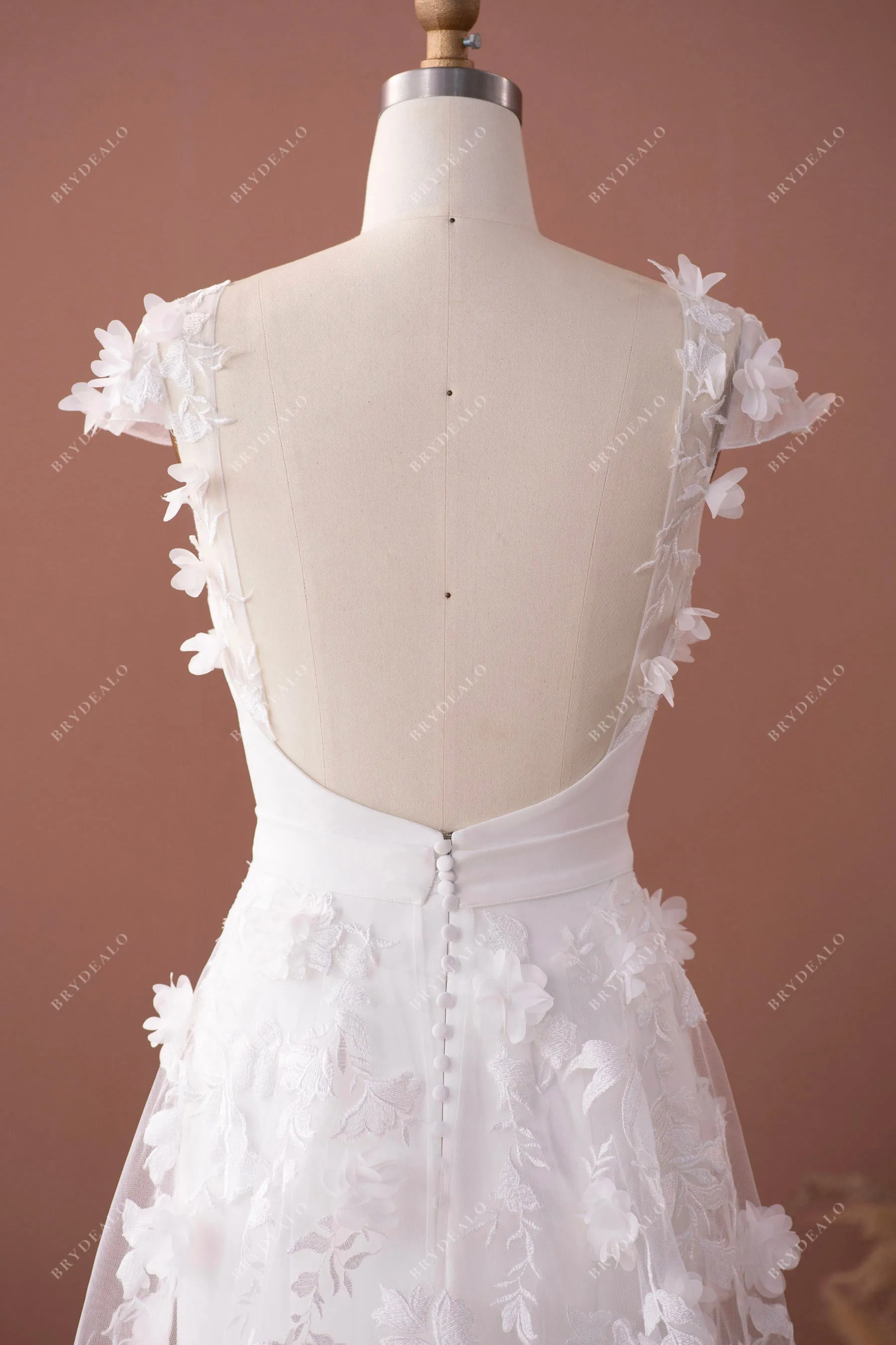 Designer 3D Flower Lace Cap Sleeve Overskirt Crepe Nude Wedding Dress