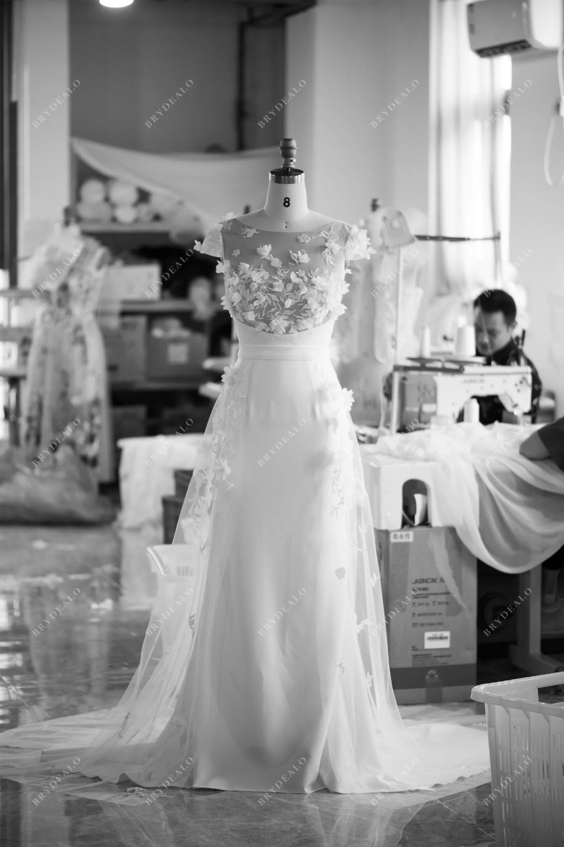 Designer 3D Flower Lace Cap Sleeve Overskirt Crepe Nude Wedding Dress