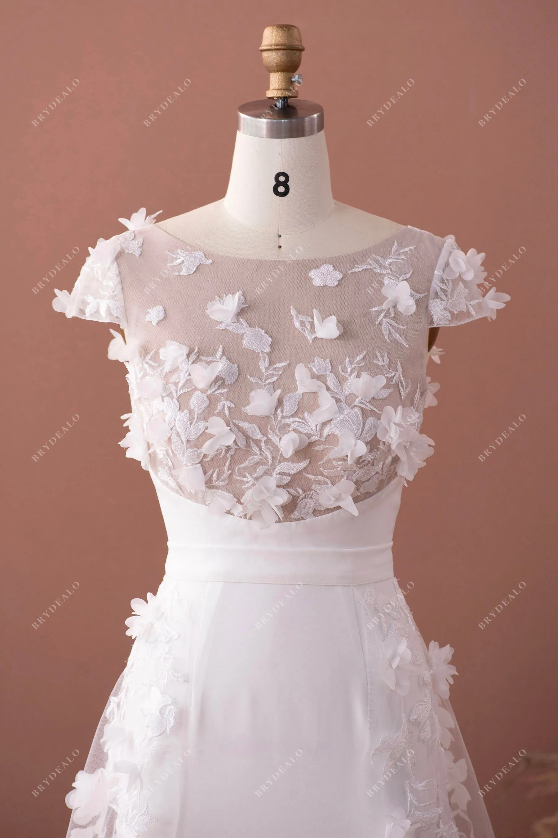 Designer 3D Flower Lace Cap Sleeve Overskirt Crepe Nude Wedding Dress