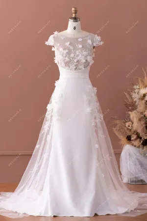 Designer 3D Flower Lace Cap Sleeve Overskirt Crepe Nude Wedding Dress
