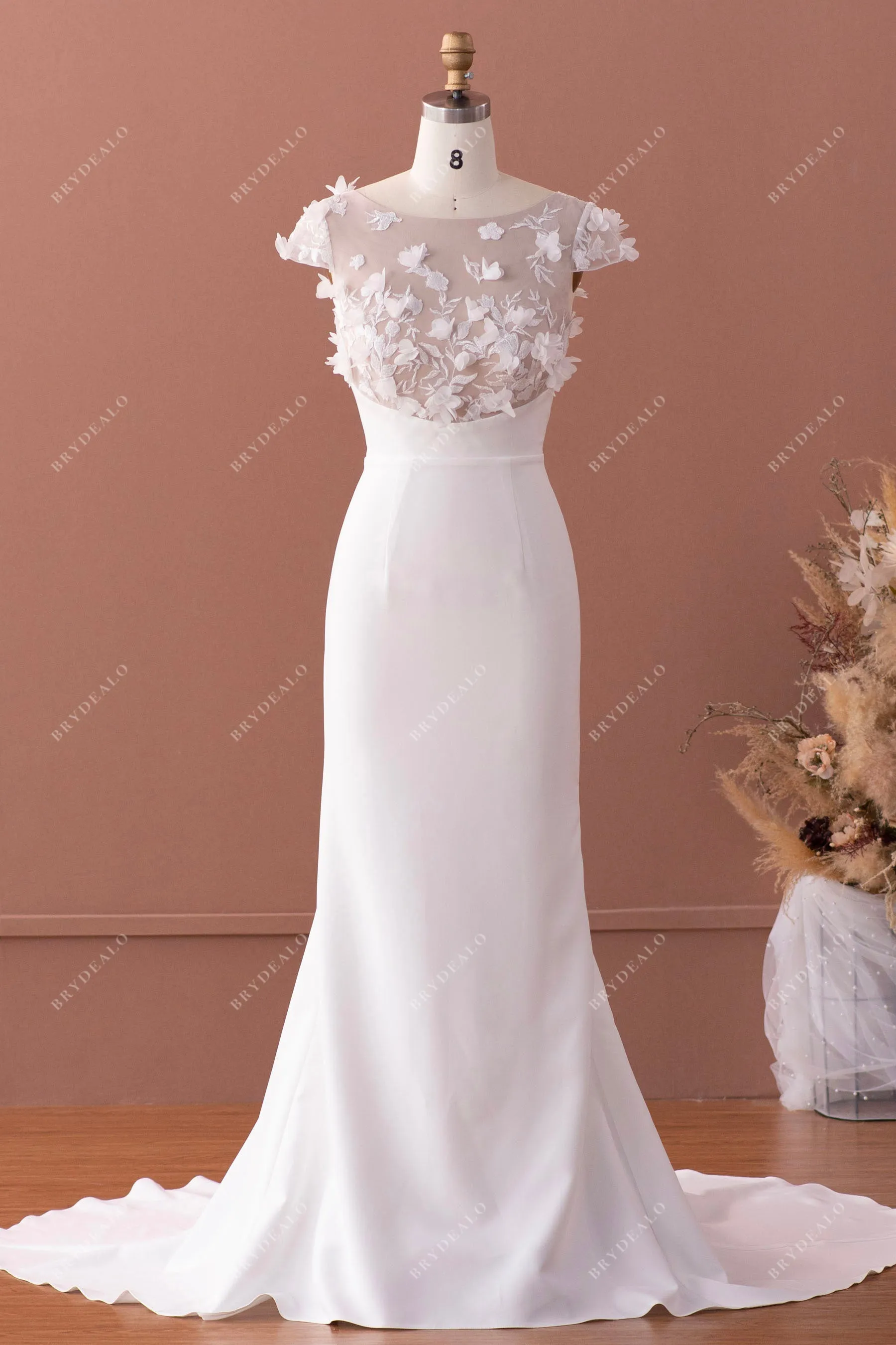 Designer 3D Flower Lace Cap Sleeve Overskirt Crepe Nude Wedding Dress