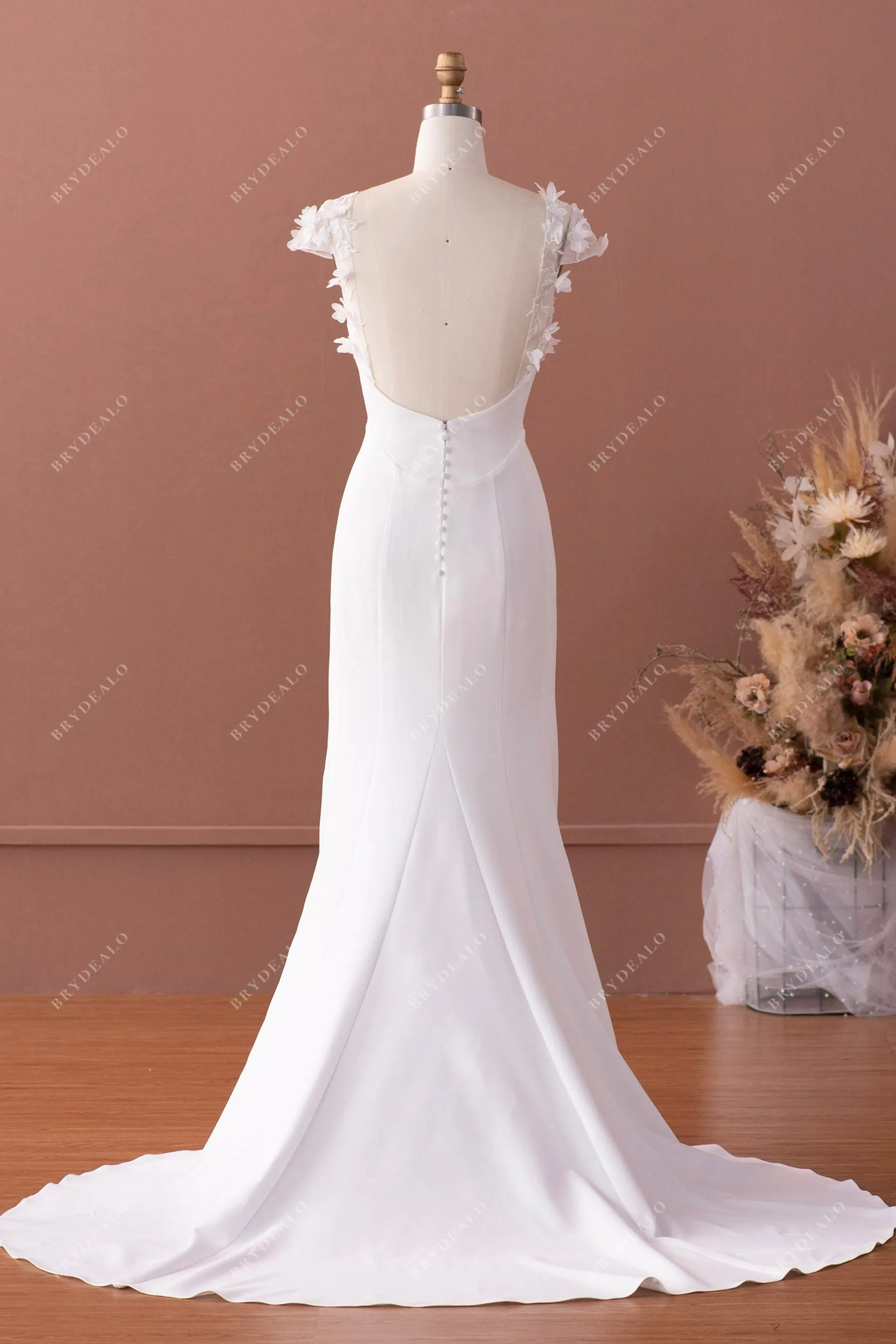 Designer 3D Flower Lace Cap Sleeve Overskirt Crepe Nude Wedding Dress