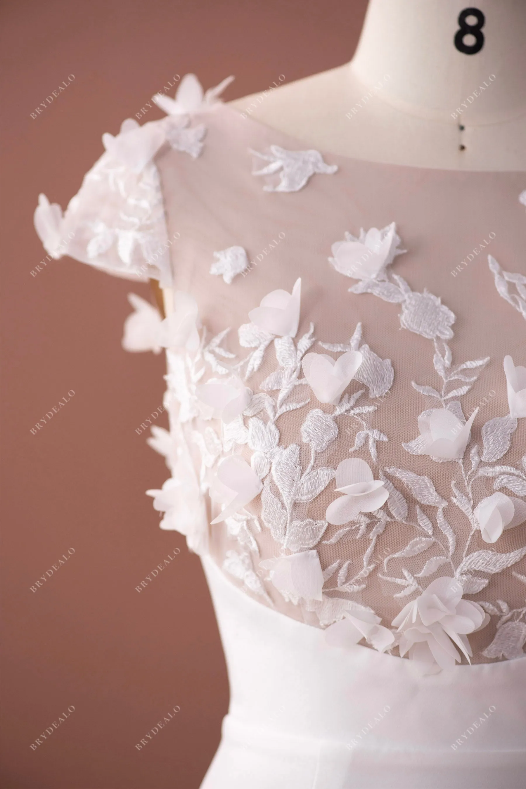 Designer 3D Flower Lace Cap Sleeve Overskirt Crepe Nude Wedding Dress