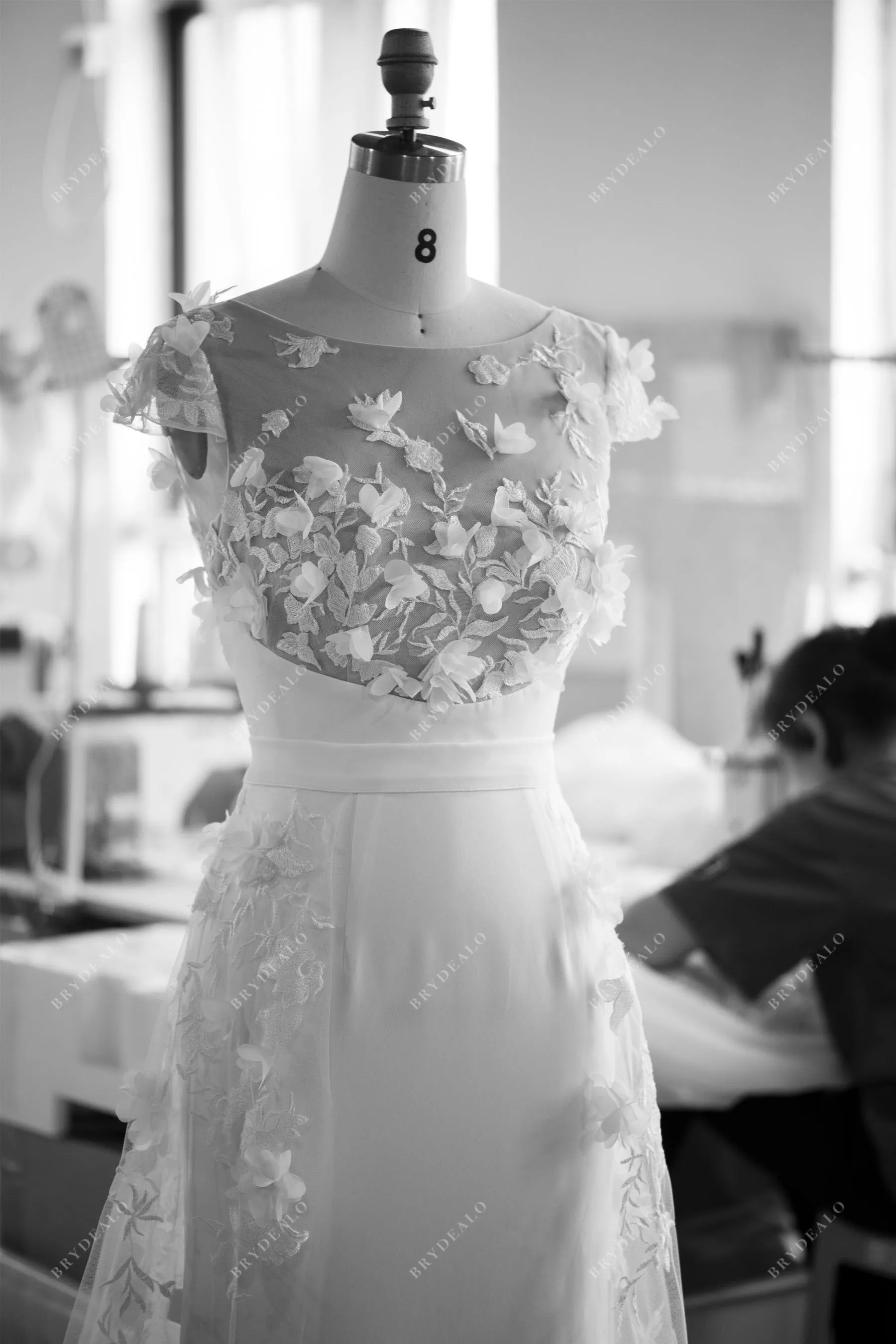 Designer 3D Flower Lace Cap Sleeve Overskirt Crepe Nude Wedding Dress