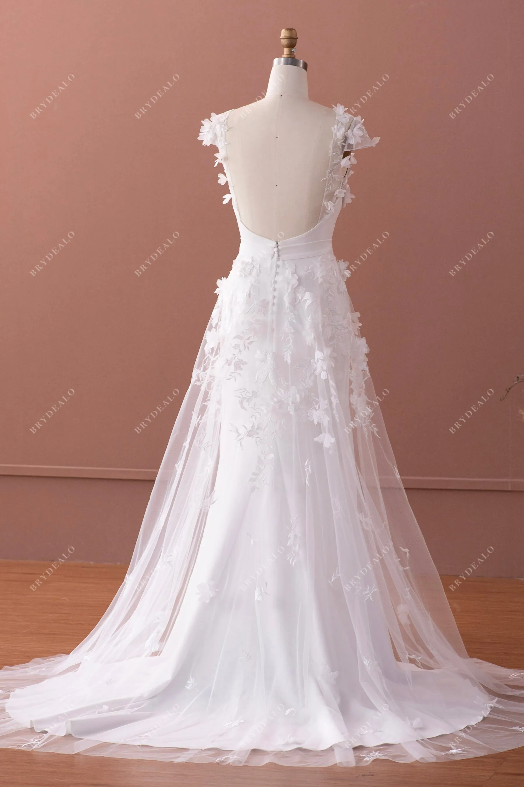 Designer 3D Flower Lace Cap Sleeve Overskirt Crepe Nude Wedding Dress