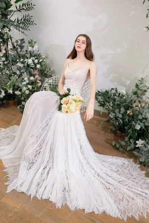 Designer Geometry Lace Bohemian Beige A-line Wedding Dress