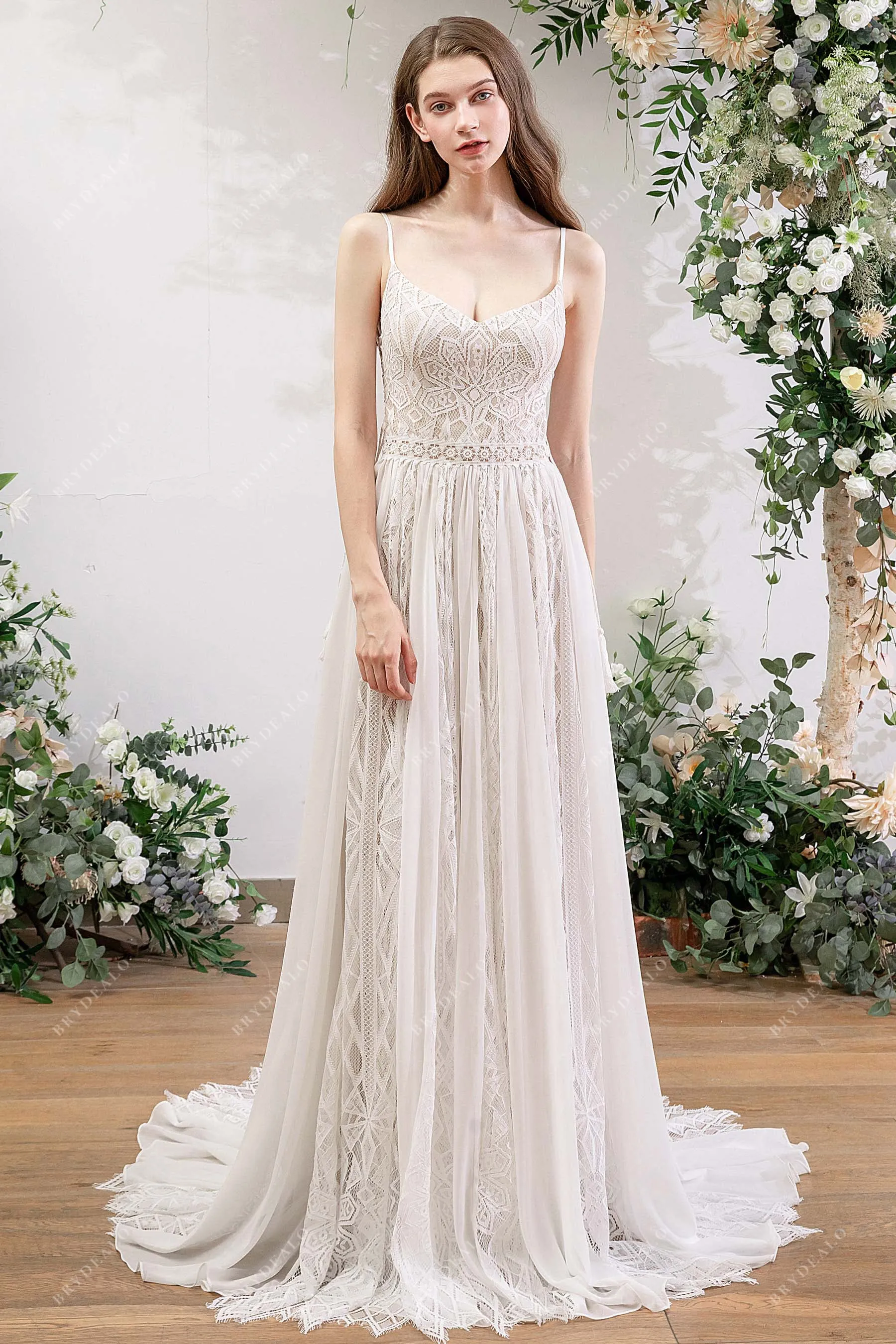 Designer Geometry Lace Bohemian Beige A-line Wedding Dress