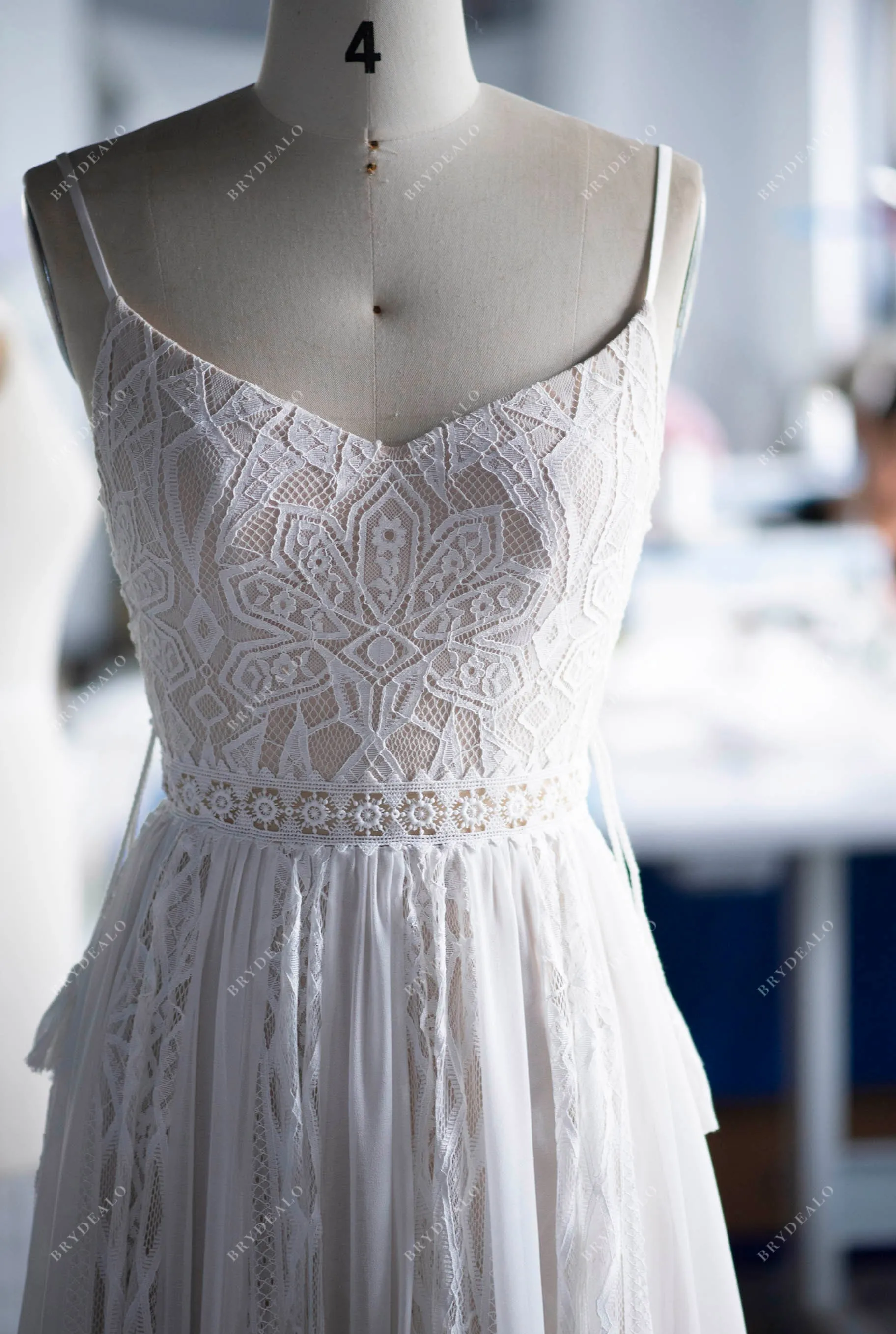 Designer Geometry Lace Bohemian Beige A-line Wedding Dress
