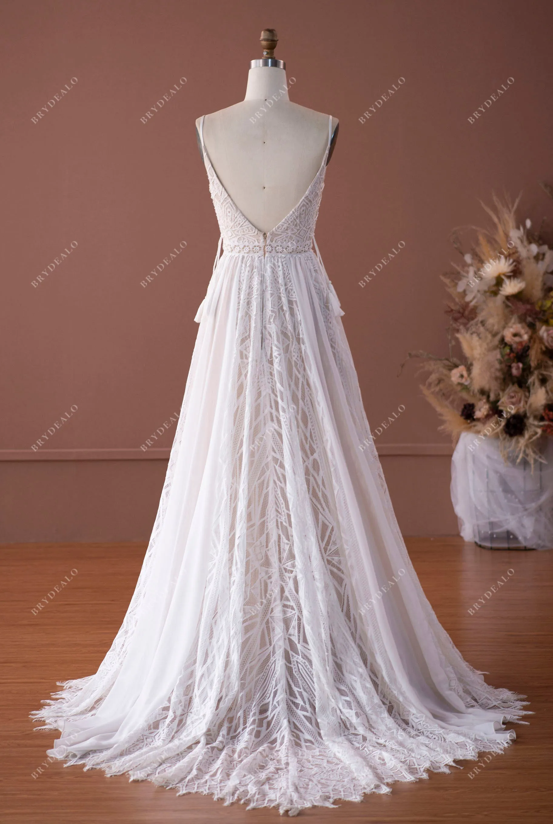 Designer Geometry Lace Bohemian Beige A-line Wedding Dress