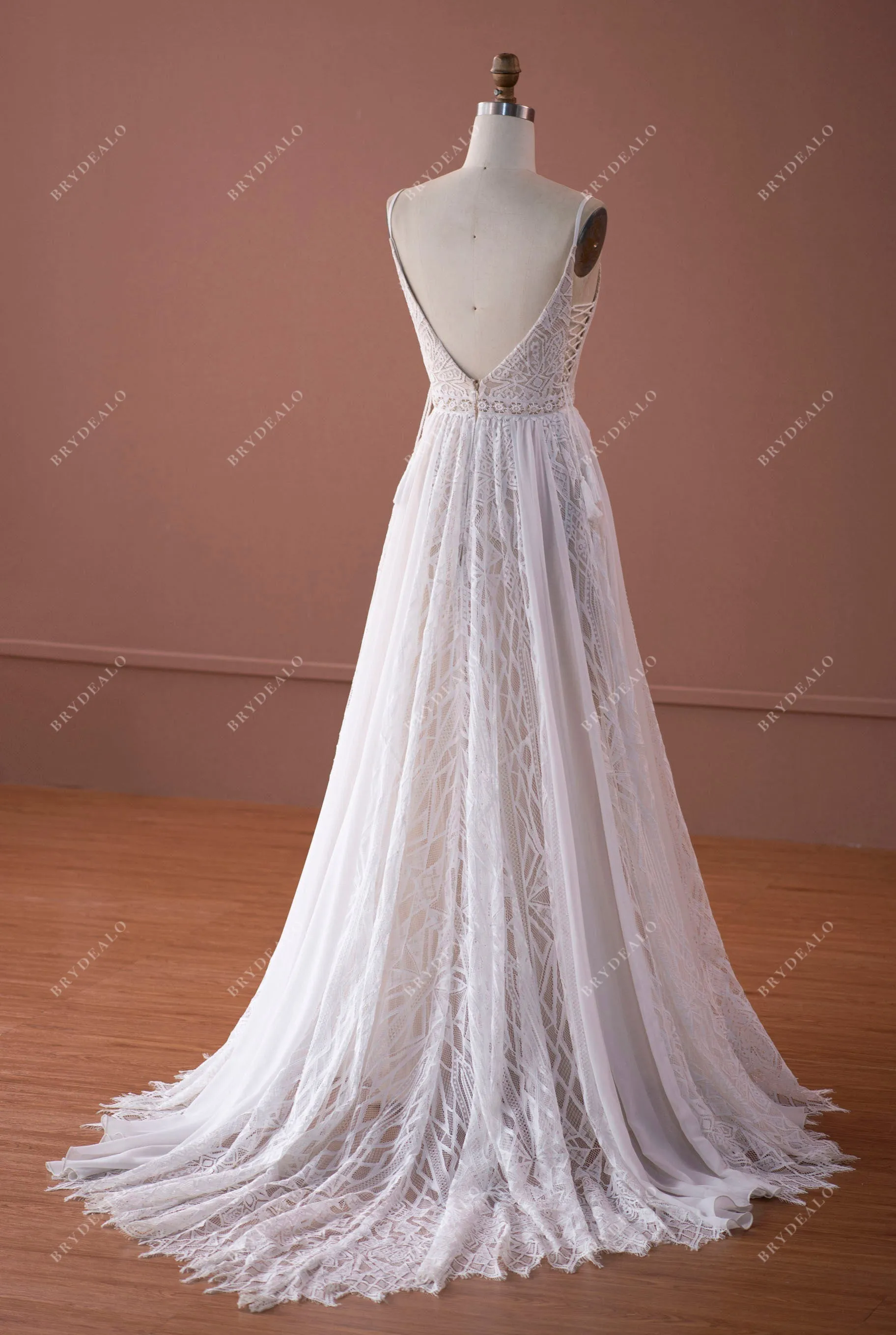 Designer Geometry Lace Bohemian Beige A-line Wedding Dress