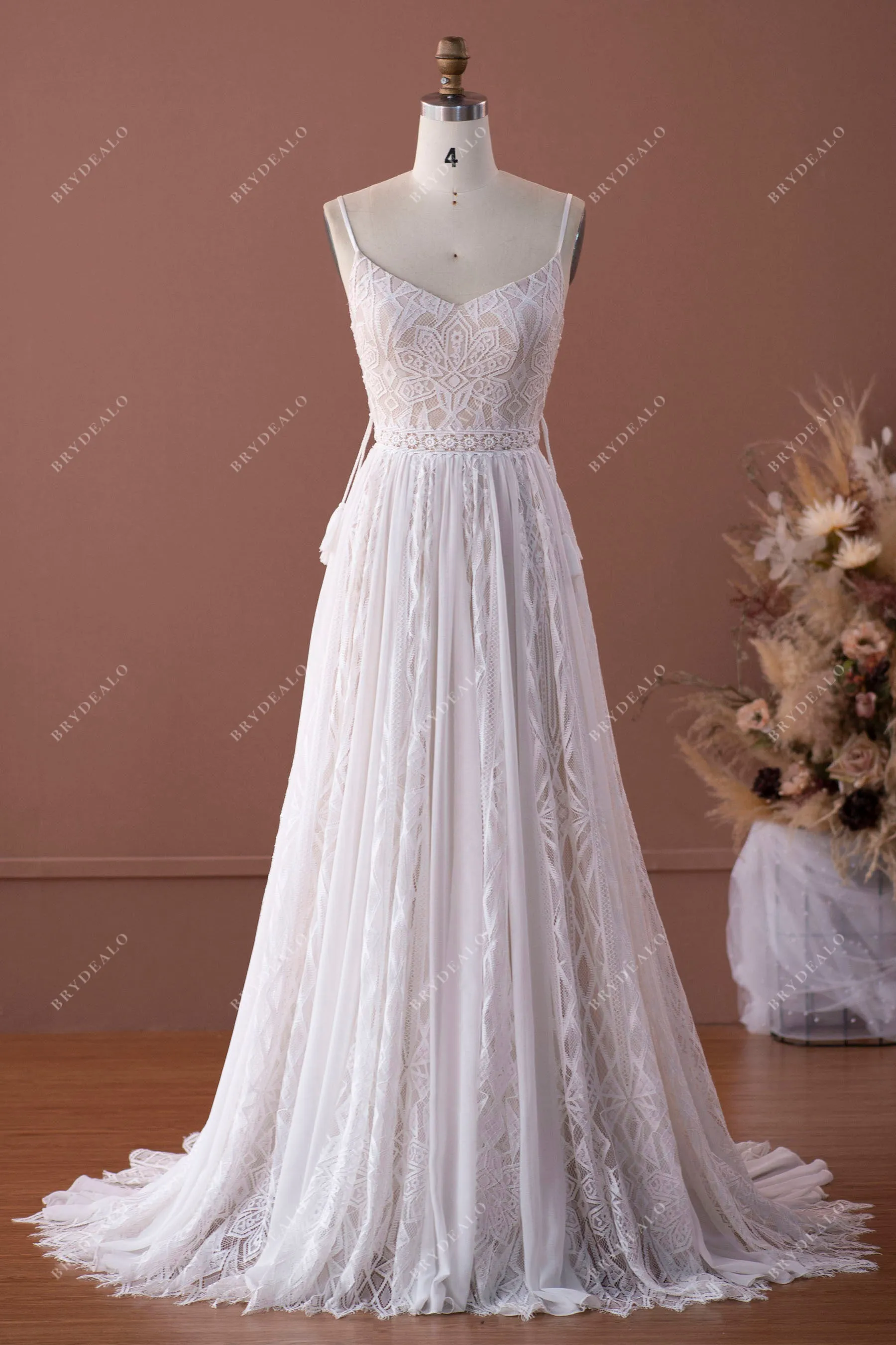 Designer Geometry Lace Bohemian Beige A-line Wedding Dress