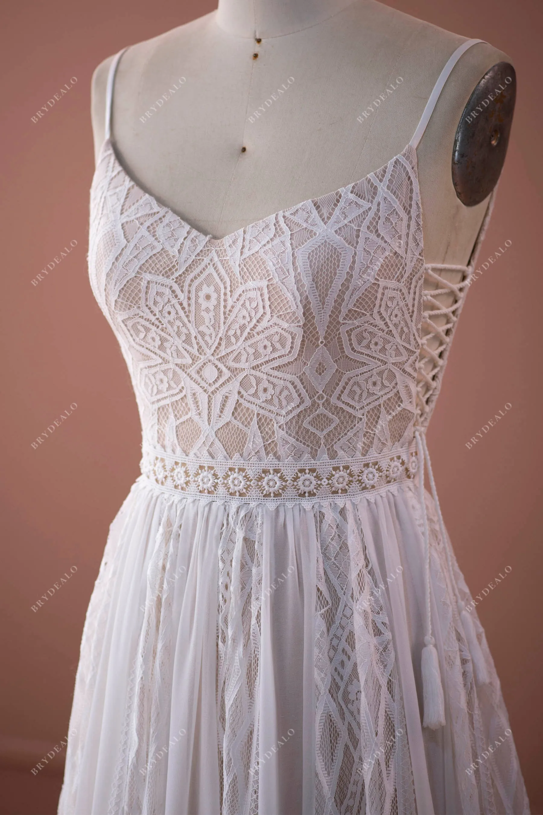 Designer Geometry Lace Bohemian Beige A-line Wedding Dress