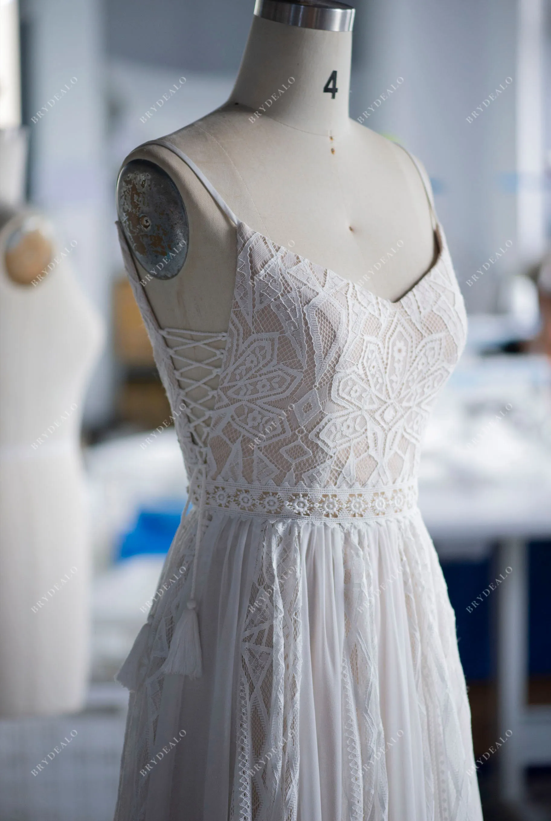 Designer Geometry Lace Bohemian Beige A-line Wedding Dress