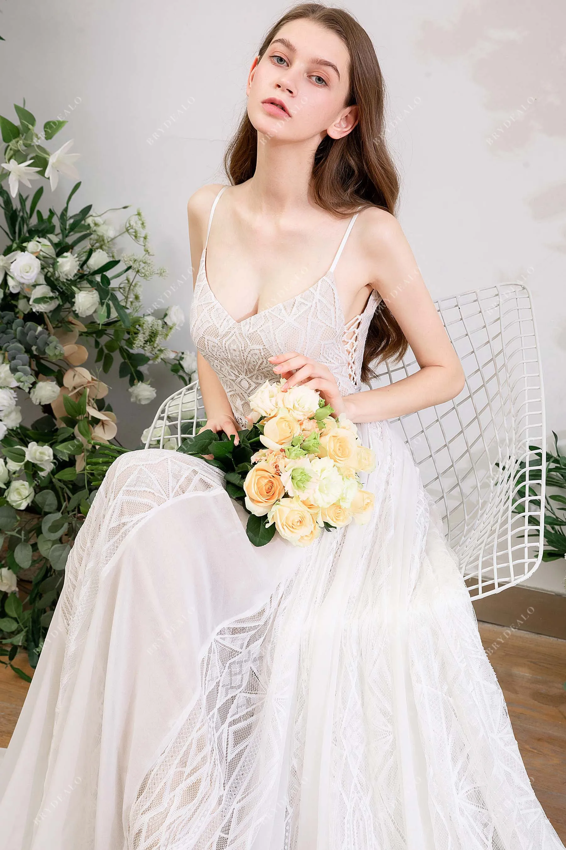 Designer Geometry Lace Bohemian Beige A-line Wedding Dress
