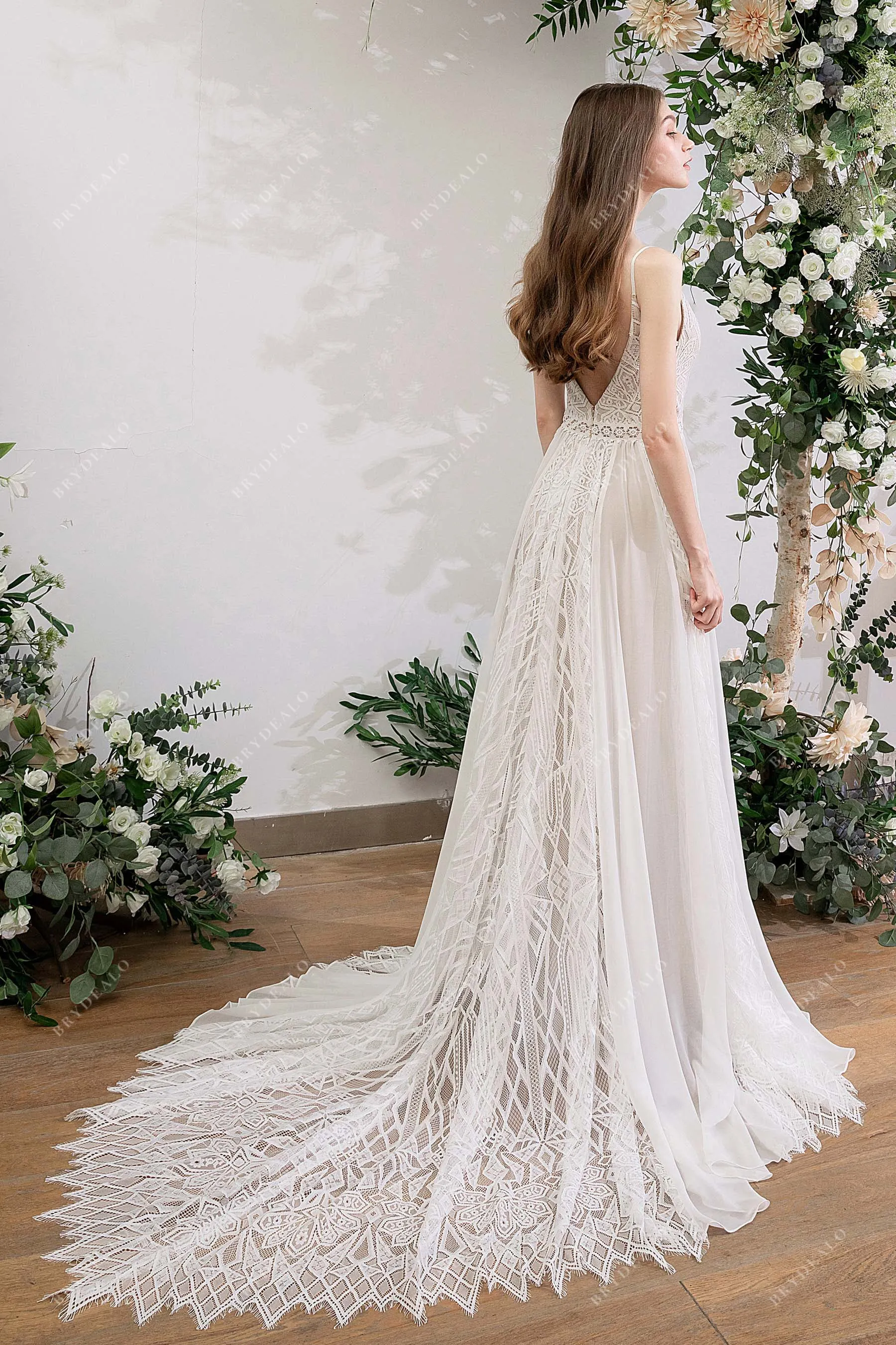 Designer Geometry Lace Bohemian Beige A-line Wedding Dress
