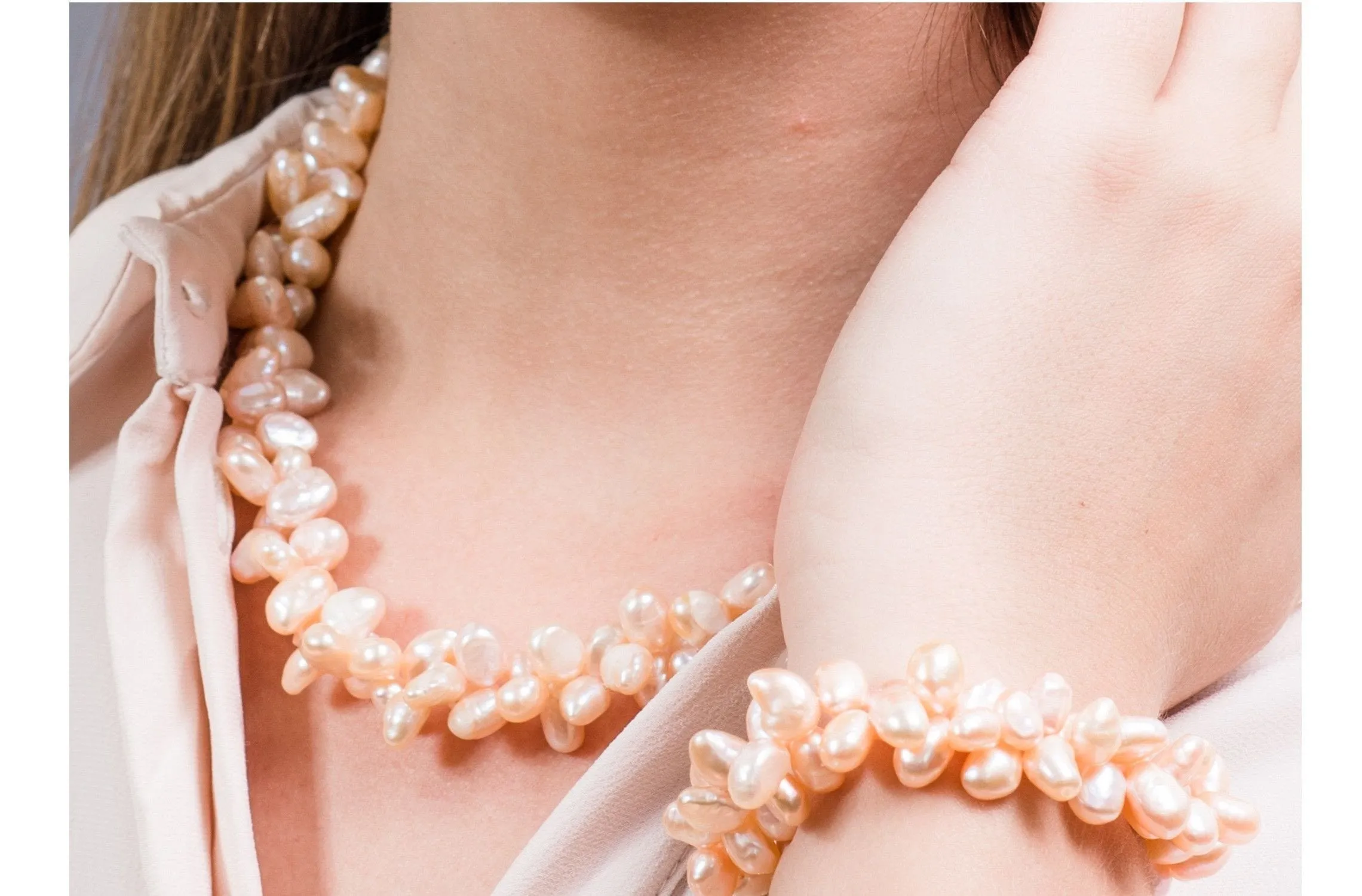Double Strands Irregular Peach Freshwater Pearl Necklace