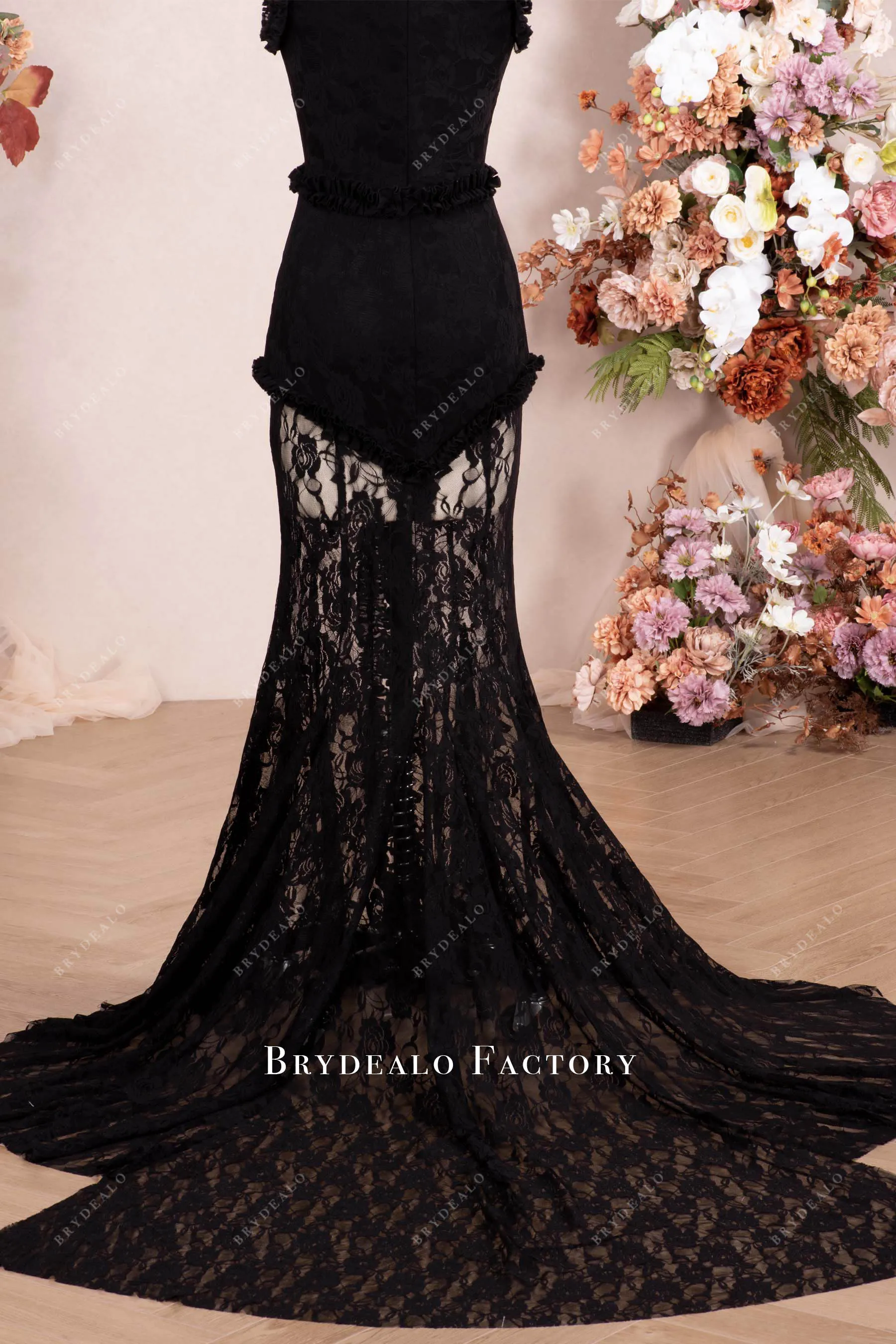 Elegant Black Floral Lace Sleeveless Mermaid Celebrity Formal Dress